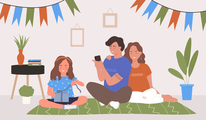 Happy family unwrap surprise gift together vector illustration. Cartoon father taking pictures of girl child character on phone camera, parents and daughter sitting on the floor at home background
