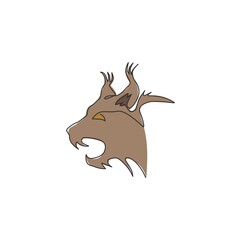 Single one line drawing of angry lynx cat head for company logo identity. Big cat predator mascot concept for national zoo icon. Modern continuous line draw design vector graphic illustration
