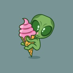 cute cartoon alien characters with big ice cream. vector illustration for mascot logo or sticker