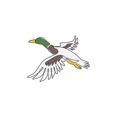 Single one line drawing of adorable flying mallard duck for company logo identity. Beauty duck mascot concept for animal husbandry icon. Modern continuous line draw design graphic vector illustration