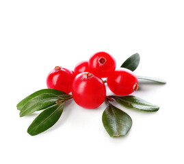 Ripe lingonberry and leaves on white background