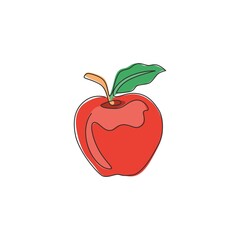 Single one line drawing of whole healthy organic apple for orchard logo identity. Fresh delicious fruitage concept for fruit garden icon. Modern continuous line draw design vector graphic illustration