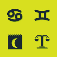 Set Cancer zodiac, Libra, Moon phases calendar and Gemini icon. Vector