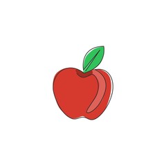 Single one line drawing of whole healthy organic apple for orchard logo identity. Fresh sweet fruitage concept for fruit garden icon. Modern continuous line graphic draw design vector illustration