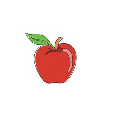 Single continuous line drawing of whole healthy organic apple for orchard logo identity. Fresh summer fruitage concept for fruit garden icon. Modern one line graphic draw design vector illustration