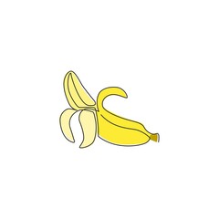 Single continuous line drawing slice ripe healthy organic banana orchard logo identity. Fresh tropical fruitage concept for fruit garden icon. Modern one line graphic draw design vector illustration