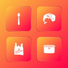 Set Disposable plastic spoon, Environment protection whale dead, Dead bird, and Lunch box icon. Vector