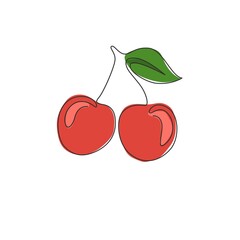 One continuous line drawing of whole healthy organic cherries for orchard logo identity. Fresh fruitage concept for fruit garden icon. Modern single line draw design graphic vector illustration