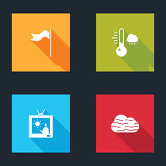 Set Meteorology windsock wind vane, thermometer, Weather forecast and Fog and cloud icon. Vector