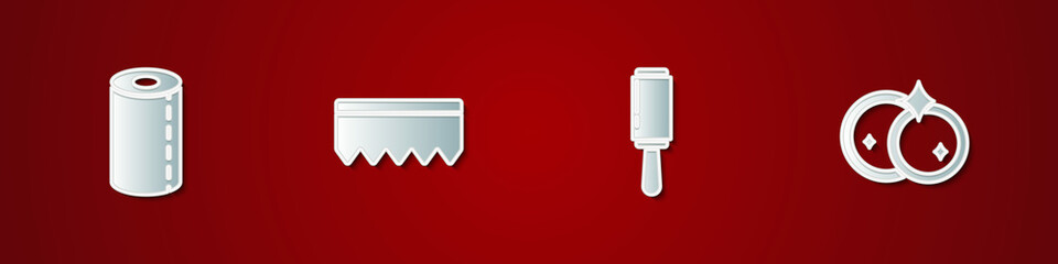 Set Paper towel roll, Sponge with bubbles, Adhesive roller and Washing dishes icon. Vector