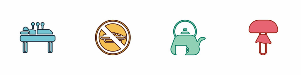 Set Acupuncture therapy, Food no diet, Teapot with and Mushroom icon. Vector
