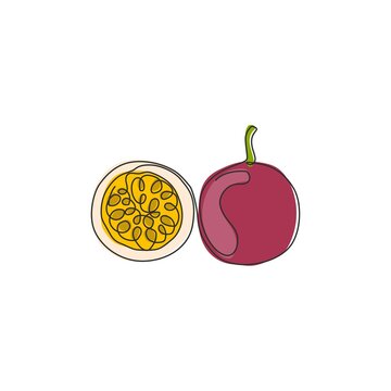 One Continuous Line Drawing Whole Healthy Organic Passion Fruit For Orchard Logo Identity. Fresh Summer Fruits Concept For Fruit Garden Icon. Modern Single Line Draw Design Graphic Vector Illustration