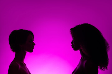 Profile side view portrait of two attractive alluring nude women vs family isolated over vivid violet purple lilac color background