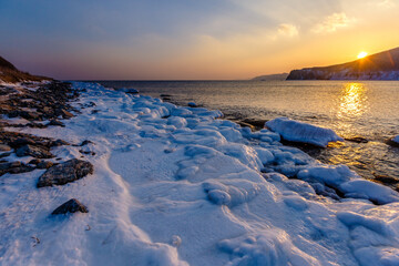The frozen coast of the Sea of Japan. Sikhote-Alin Biosphere Reserve.