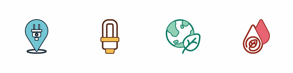 Set Electric plug, LED light bulb, Earth globe and leaf and Water energy icon. Vector