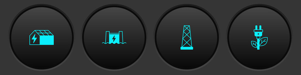 Set Solar energy panel, Hydroelectric dam, Antenna and Electric saving plug in leaf icon. Vector