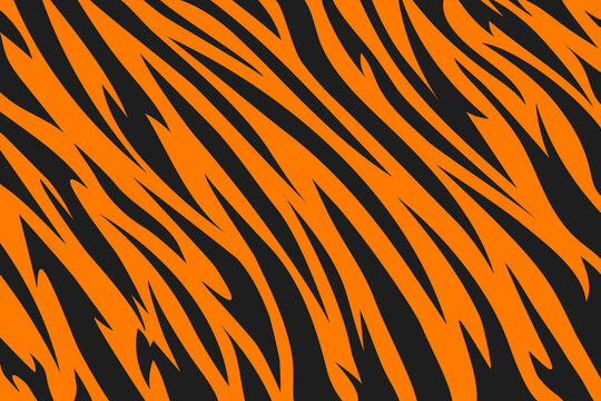 Pattern tiger stripes. Animal skin. Black and orange texture. Striped abstract background. Design template for banner, print, backdrop, textile, fabric, fashion clothes and bags. Vector illustration