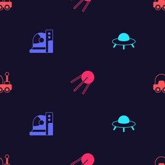Obraz premium Set UFO flying spaceship, Astronaut helmet, Satellite and Mars rover on seamless pattern. Vector