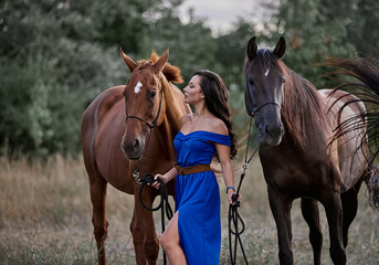Beautiful long-haired girl in a blue dress next to two horses