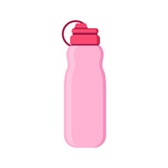 Recipiente de botella deportiva de plástico rosado. Accesorio de entrenamiento y abastecimiento de agua. Ilustración vectorial
