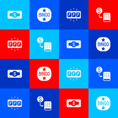 Set Stacks paper money cash, Bingo, Slot machine with jackpot and Casino chips exchange icon. Vector