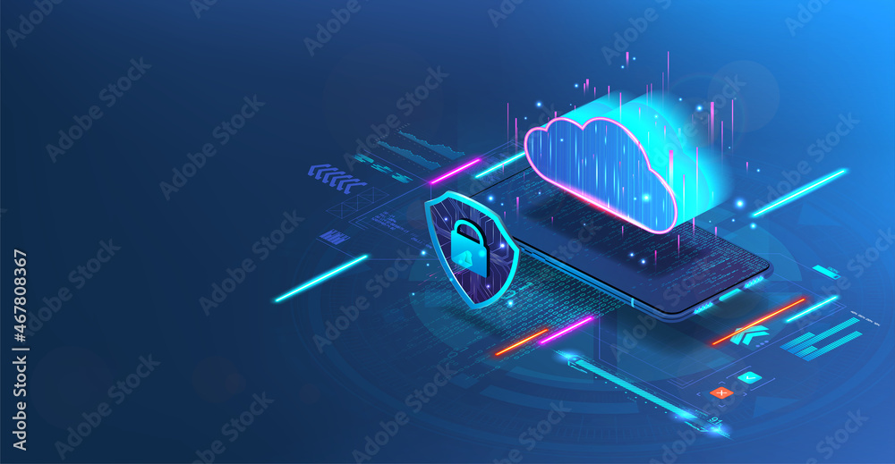 Aufkleber Cloud technology via mobile phone or smartphone. Cybersecurity in the management of online storage, remote center with data or IOT technologies and smart home. Cloud storage with protection. Vector
