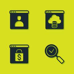Set Create account screen, Magnifying glass with check mark, Online shopping on and Cloud technology data transfer icon. Vector