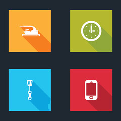 Set Electric iron, Clock, Spatula and Mobile phone icon. Vector