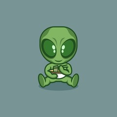 cute cartoon alien character eating ramen noodles. vector illustration for mascot logo or sticker