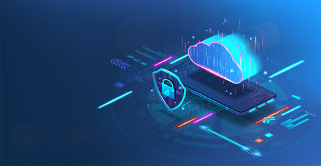 Cloud technology via mobile phone or smartphone. Cybersecurity in the management of online storage, remote center with data or IOT technologies and smart home. Cloud storage with protection. Vector
 - obrazy, fototapety, plakaty