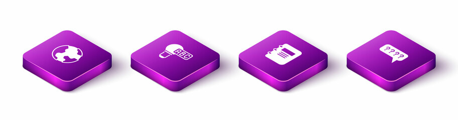 Set Isometric Earth globe, Creative lamp light idea, Notebook and Speech bubbles with Question icon. Vector