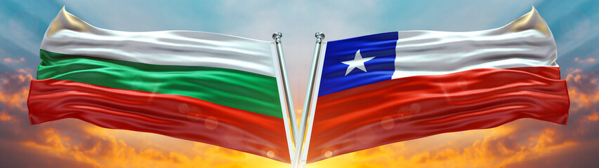 Bulgaria flag and Chile Flag waving with texture sky Cloud and sunset Double Flag 