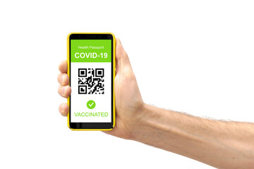 Hand holding smartphone with vaccinated health digital passport application on mobile phone for travel during covid-19 pandemic, on white background.