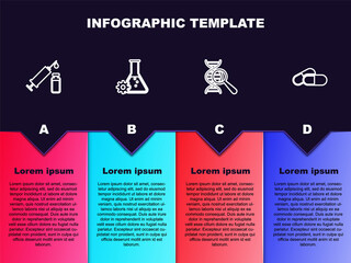 Set line Medical syringe and vial, Bioengineering, DNA research, search and Medicine pill or tablet. Business infographic template. Vector