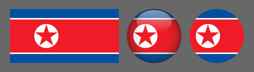 North Korea flag set collection button flat rounded icon