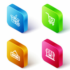 Set Isometric line Remove shopping basket, Refresh cart, Hanging sign with Open door and Online icon. Vector