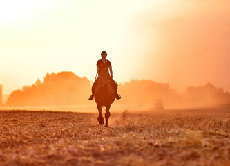 Girl riding a friesian horse in a field at sunset