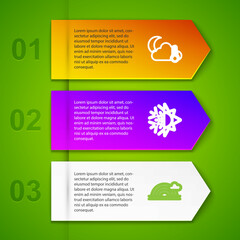 Set line Thermometer and cloud, moon, Sun snowflake, Rainbow with and UV protection. Business infographic template. Vector