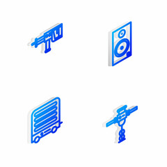Set Isometric line Stereo speaker, Rotary hammer drill machine, Electric heater and Construction jackhammer icon. Vector