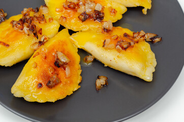 Close up of dumplings sprinkled with fried onion, traditional Polish, Russian and Ukrainian cuisine