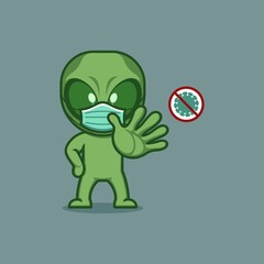 cute cartoon alien character fighting virus. vector illustration for mascot logo or sticker