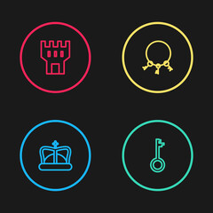 Set line King crown, Old key, keys and Castle tower icon. Vector