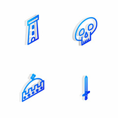 Set Isometric line Skull, Castle tower, King crown and Medieval sword icon. Vector