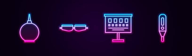 Set line Enema, Safety goggle glasses, Eye test chart and Medical digital thermometer. Glowing neon icon. Vector