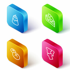 Set Isometric line Pudding custard, Piece of cake, Bread loaf and toast icon. Vector