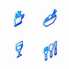 Set Isometric line Asian noodles in bowl, Coffee cup, Wine glass and Fork, spoon and knife icon. Vector