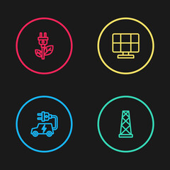 Set line Electric car, Antenna, Solar energy panel and saving plug in leaf icon. Vector