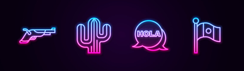 Set line Vintage pistols, Cactus, Hola and Mexico flag. Glowing neon icon. Vector © vector_v