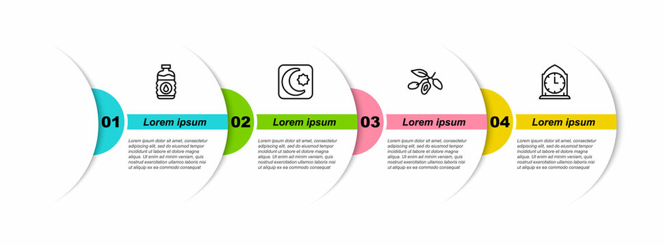 Set line Bottle of water, Star and crescent, Date fruit and Clock. Business infographic template. Vector