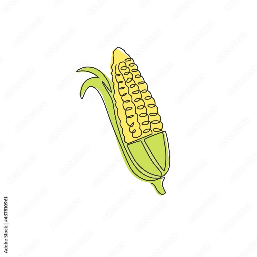 Wall mural One single line drawing of whole healthy organic corn crop for farm logo identity. Fresh maize concept for starchy vegetable icon. Modern continuous line draw design graphic vector illustration